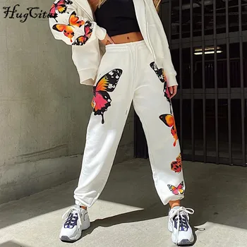 Hugcitar 2020 cintura alta borboleta de impressão de calças de suor de primavera, verão, as mulheres recém-chegados streetwear calças casuais