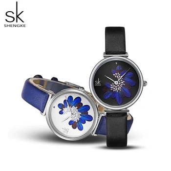Shengke SK Mulheres Relógios de Marca Top de Luxo Pulseira de Couro Mulher de Pulso Pena Azul Relógio Quartz Ladies Watch reloj mujer 2019