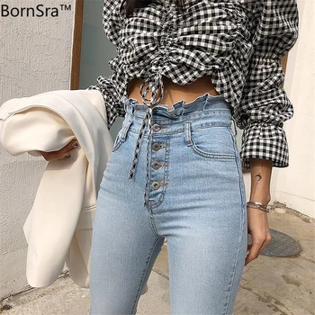 BornSra 2020 Mulheres de Cintura Alta Babados, Calças Jeans Único-do-peito-Feminino Jeans Lápis de Streetwear Mulheres Jeans Skinny, Calças