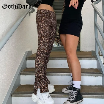 Goth Escuro Y2K Quente Leopard Impressão de E-Menina em linha Reta Calças Gótico de Cintura Alta Fenda Bainha Slim Mulheres Calças Vintage Streetwear Cair