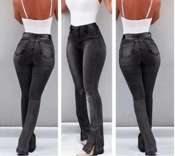 Cintura alta Magro Namorado black Jeans rasgados Mulheres Buraco Vintage sino inferior senhoras de calças flare jeans angustiado jeans