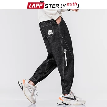 LAPPSTER-Jovens Homens Azuis Wahsed Calças Jeans 2020 Letra Imprimir Hip Hop Harajuku Calças Jeans coreano Moda Casual calça Jeans Preta