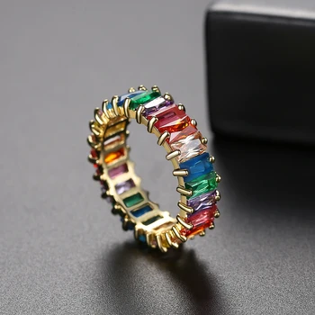 LUOTEEMI Artesanal Colorido Coroa de arco-íris Trapézio Pedra Eternidade Anéis para as Mulheres de Casamento Noivado Fina Baguette T Anel Presentes