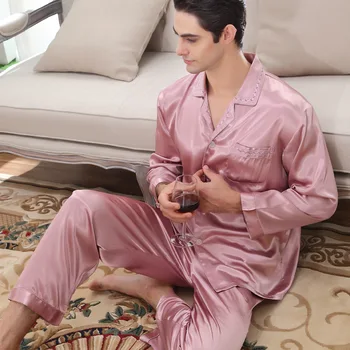 Cor-De-Rosa Pijamas Conjunto De Mens De Seda, Roupa De Mangas Compridas Vermelha Plus Size Seda Pijamas Para Homens Rayon Casa, Roupa Confortável E Suave Aconchegante