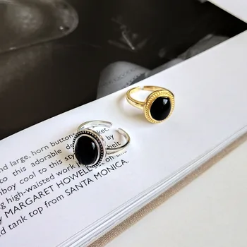S925 prata pedra preta redimensionável anel de personalidade jóias festival de presente Ouro 18k anel para a mulher Original Geométricas