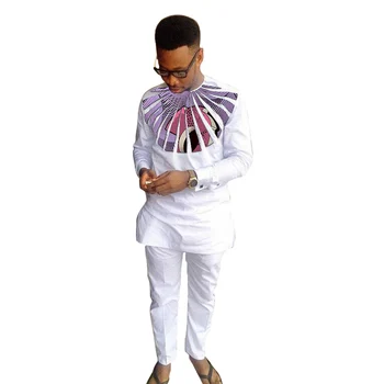 Africana de Impressão Homem Camisas do Dashiki Moda Calça Define O Top com decote+Prensa de 2 Peças Personalizadas Homens de Roupa Branca Africana Noivo Terno