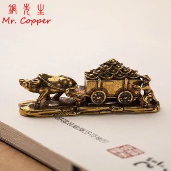 Retro Cobre Bull Puxar Veículo Figuras De Ornamento Tradicional Chinesa Feng Shui Artesanato, Decoração Do Acessório Sorte De Animais Em Miniatura