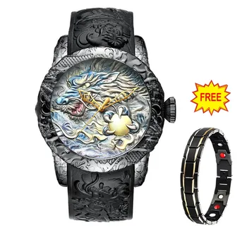 Marca de topo do Relógio de Quartzo do Esporte Impermeável Macho Preto Relógio Homens Relógios de Moda 3D Gravado Dragão Relógio Masculino de Luxo
