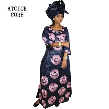 Africano de vestidos para mulheres de design de moda de nova africana bazin projeto do bordado do vestido vestido longo com lenço de dois pcs, um conjunto A243#