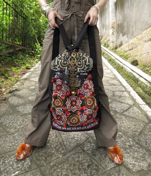 Venda quente Étnica bordados feitos à mão mochila, a Moda Vintage Mulheres negras de lona Sacos de Viagem