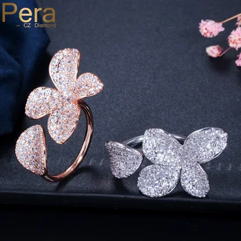 Pera Nova Moda Abrir Design de Punho Grande Flor, Forma da Folha AAA+ Zirconia Cúbico de Pedra de Pavimentação Mulheres Elegantes Anéis de Dedo de Jóias R067