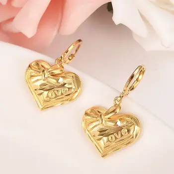 24 K Sólido Amarelo Ouro Concluir AMOR Lindo Colar de Coração Pingente Brinco de conjunto de Mulheres conjuntos de jóias PNG Dubai melhor presente