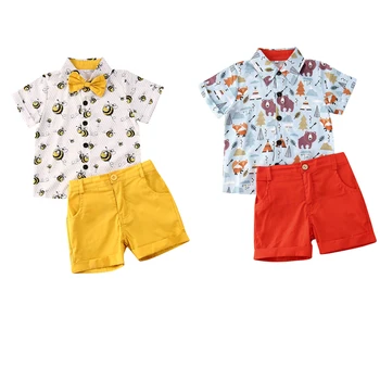 1-6Y Verão Cavalheiro Infantil Bebê Roupa de Meninos Conjuntos de Animal Print de Manga Curta T-Shirts, Tops+Shorts 2pcs