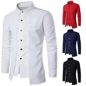 MONERFFI 2020 Camisas masculinas Casuais Fake Dois Pedaço de Marca Bussiness Camisas de Vestido de Outono Sólido Algodão Formal Roupas de Mangas compridas