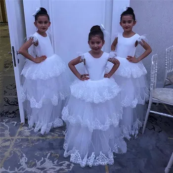 Lace White Feather Vestido Da Menina De Flor Inchados De Tule Pequena Princesa Vestido De Festa De Casamento Roupas De Crianças
