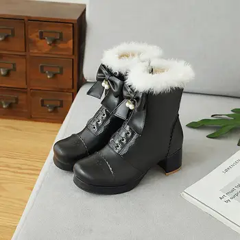 2020 Novo Estilo Lolita Bowknot Botas femininas Ondulado Lado Cintas Cruzadas Grosso Calcanhar Ankle Boots Botas de Pelúcia Kawaii Sapatos