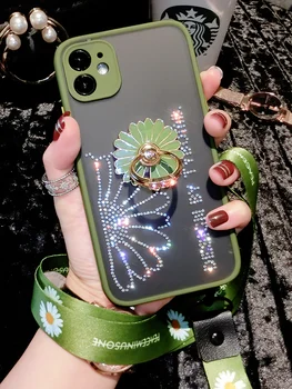 3D Anel de Dedo de Luxo Glitter Jewelled corda de Telefone de Caso Para o iphone 11 Pro X XR XS MAX 7 8 Plus de Silicone, Tampa de proteção da Lente