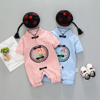 Primavera estilo Chinês infantil menino meninas roupa de festa de aniversário macacão terno para o bebê recém-nascido retro macacão de roupas conjuntos