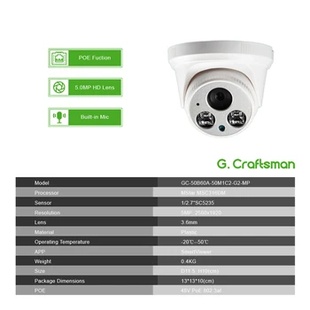 G. Artesão de Áudio 5MP POE Full-HD da Câmera do IP da Abóbada de Visão Noturna Infravermelho CCTV de Vigilância de Vídeo de Segurança P2P Remoto