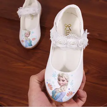 Disney New Kids Elsa Casuais Sapatos de meninas Congelados Princesa macio cartoon sapatos de desenho infantil pérola de calçados de couro