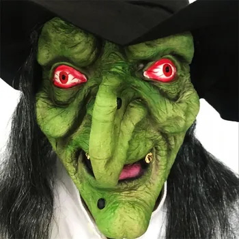 Halloween Bruxa Máscara de Horror Face Verde da Cabeça Longa do Cabelo de Látex apavorante Máscara de Cabeça de Black Hat Show de Dança de Desempenho Adereços HW51