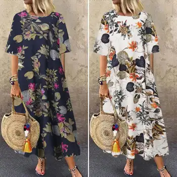 2021 ZANZEA Mulheres de Verão Sundress Kaftan O Pescoço Robe Vestido Casual Floral Túnica Vestidos Femininos Impresso Maxi Plus Size 5XL