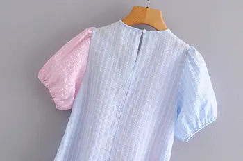 2020 moda mulheres o pescoço contraste de cor da manta de retalhos irregulares bainha blusas, camisas de mulheres de manga curta chique blusas, tops LS6308