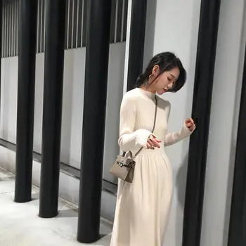 Vermelho De Malha Outono Inverno Longo Vestido Feminino Coreano A Uma Linha De Cintura Alta Do Vestido De Túnica Femme 2020 Mulher Manga Longa Vestido De Camisola