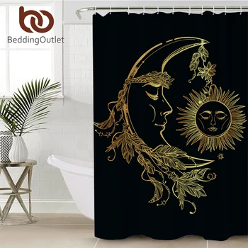 BeddingOutlet Ouro Lua Accompanys Sol Decorativos Cortina de Chuveiro do Poliéster Impermeável Cortina de Banho Com Ganchos para a Decoração do Banheiro