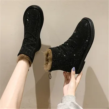 2020 Inverno Nova Moda De Sapatos De Mulher, Botas De Couro De Bling Strass Lace-Up Botas Para Mulheres Rodada Toe Ankle Boots Botas Mujer