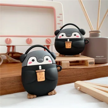 Cartoon fone de caixa para airpods música 3D bonito chá de leite penguin proteger a tampa para airpods 2 de silicone macio fone de ouvido casos