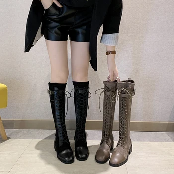 Botas femininas 2019 nova moda PU costura superfície com tubo longo botas de equitação tendência retro quadrado com Martin botas