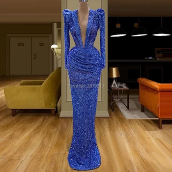 Azul Royal Vestido De Noite Bainha Do Assoalho-Comprimento Mangas De Elegantes Lantejoulas Robe De Sarau Aibye Vestido De Baile Oriente Médio, Dubai, Dubai