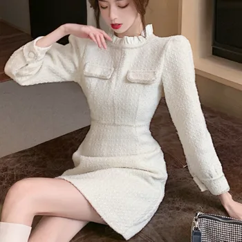 2021 Primavera Auumn Doce De Mulheres De Mini Vestido Coreano Elegante Cintura Alta Com Babados De Festa Elegante BodyconWoolen Vestido De Tweed Manto Femme