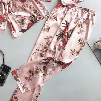 3Pcs/set Primavera, Outono Mulheres Pijama de Seda Conjuntos Não-Almofadas de Impressão de Flor de Pijama Pijamas de Espaguete fita de Cetim Pijamas 2020