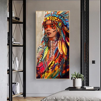 Colorido Mulher Indiana de Lona de Arte Cartazes Mulher Nativa Pinturas em Tela, Parede, Imagens de Arte para a Sala de Decoração de Casa (Sem Moldura)