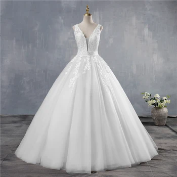 ZJ9149 2020 2021 Branco Marfim Vestido de Noiva Personalizados feitos de Noiva Plus Size Tule Mariage Profundo decote em V e Costas Abertas