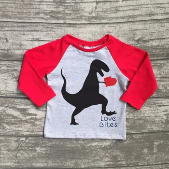 Nova primavera, Dia dos Namorados do menino Dinossauro vermelho cinzento coração do amor do coração de algodão boutique cute topT-shirt reglans crianças clotes