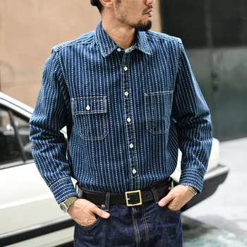 SauceZhan Jeans Indigo Wabash Stripe Work Shirt Selvedge jeans Shirt heart Denim Shirt shirt men long sleeve shirt vintage
