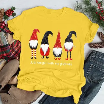 Bonito de Santa Claus Gráfico T-shirt Harajuku Vintage Natal Camisa Hahgin' Com a Minha Gnomies Carta de Impressão de Natal das Mulheres T-shirt