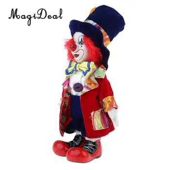 Pintados à mão bonequinha de Porcelana Palhaço Engraçado Bonecas, Vestindo Casaco Vermelho E Chapéu de Presente de Halloween, Decoração de 18cm
