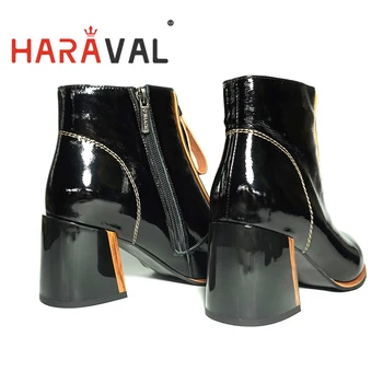 HARAVAL Tornozelo Botas de Mulheres Chelsea Outono Inverno Patente de Couro Preto de Salto Grosso de Moda de alta qualidade Botas Calçados Calçados E10