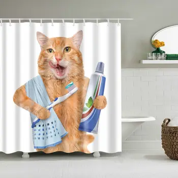Cortina de chuveiro do Gato Engraçado Gato Gatinho para casa de Banho de Gato Gordo Escovar os Dentes Design Impermeável, Anti Mofo Cartoon Cortina de Chuveiro
