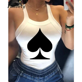 Mulheres Elegantes, Sem Encosto De Poker Espadas Q Imprimir Blusa Camisa 2020 Verão Sexy Sem Mangas Bowknot Senhoras Topo De Moda De Nova Blusa De Alças