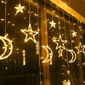 Decoração de natal Posta Solar LED Cortina de Luzes de Estrelas, Luas Dimmable 8 Modos de Iluminação com Temporizador de Piscar de Seqüência de caracteres de Luz