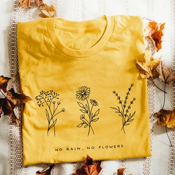 Nenhuma Chuva, Nenhuma Flor Gráfico T-Shirt de flores silvestres T-shirt das Mulheres de Algodão Amarelo T-shirts anos 90 Moda Verão Top Tee Drop Shipping