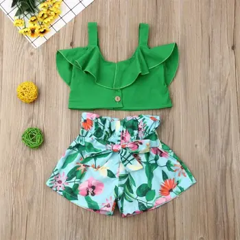 Moda Infantil Criança Bebê Meninas Sem Mangas Verdes Crop Tops Florais, De Calça Curta, Roupas Roupas De Streetwear Crianças