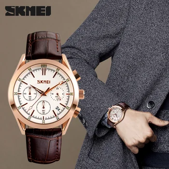 SKMEI Homens Relógios de Quartzo de alto Luxo da Moda Casual Mens Relógios Resistente à Água 30M Data de Tempo de Relógio de Couro Homem Relógio 9127