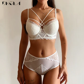 NOVA Marca de lingerie Sexy Conjunto Branco Bras Reunir Algodão Grosso Brassiere Rendas Bordados Lingerie Conjunto de Mulheres V Profundo Push-Up Bra Conjuntos