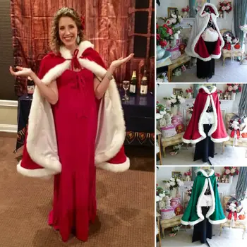 120cm Mulheres de Natal com Capuz do Manto Capas de Veludo Vermelho de Papai Noel Luxo Capa do Cabo branco e Fofo Guarnição de Inverno Quente Casaco